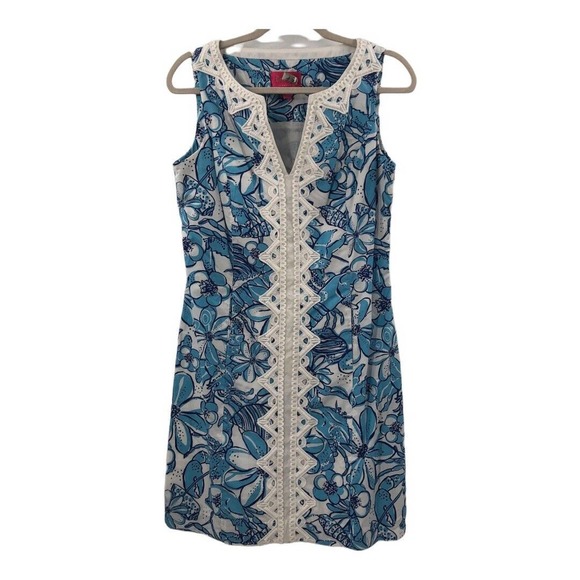 Lilly Pulitzer Jubilee Cali Shift Dress Blue Coronado Crab White Lace Size 6 - Picture 1 of 11